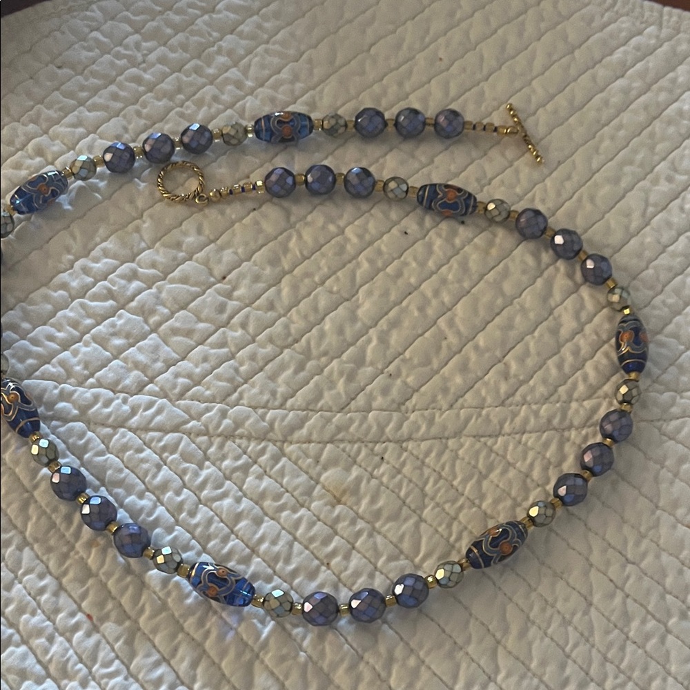 Handcrafted Blue Beaded Necklace with Gold Accents